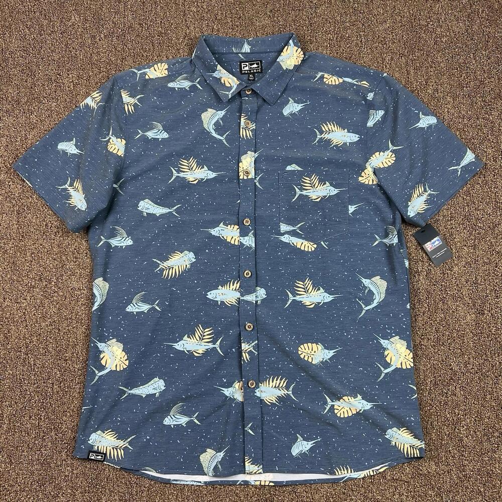 Pelagic Dockside Gamefish Stretch Woven Shirt Short Sleeve Marine Blue Men's XL